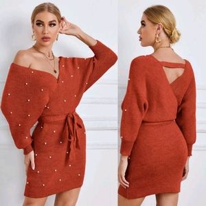 Pearls Beaded Cross Wrap Belted Sweater Dress- Small